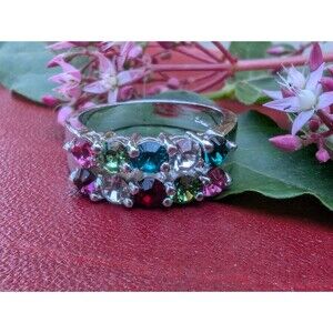 Vintage Colorful Rhinestone Band Ring,  Stackable Ring Size 7